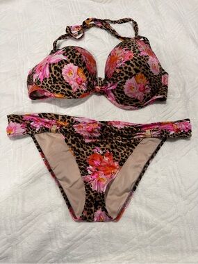 Victoria's Secret Pink & Brown Floral Leopard Top and Bikini Bottoms